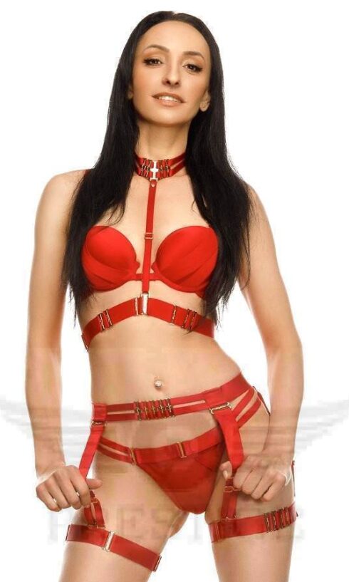Sexy slim Tanya standing tall wearing seductive red lingerie